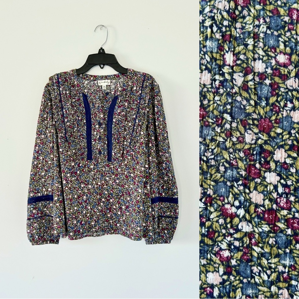💜 LAST CHANCE Wonderly Petite Mini Floral Print Peasant Blouse Lace Trim LS
